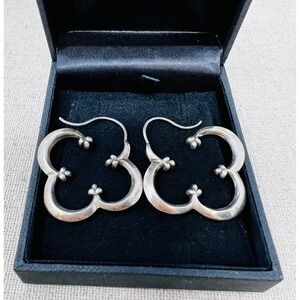 Vintage Sterling Silver Quatrefoil Clover Open Hoop Heavy Hook Earrings